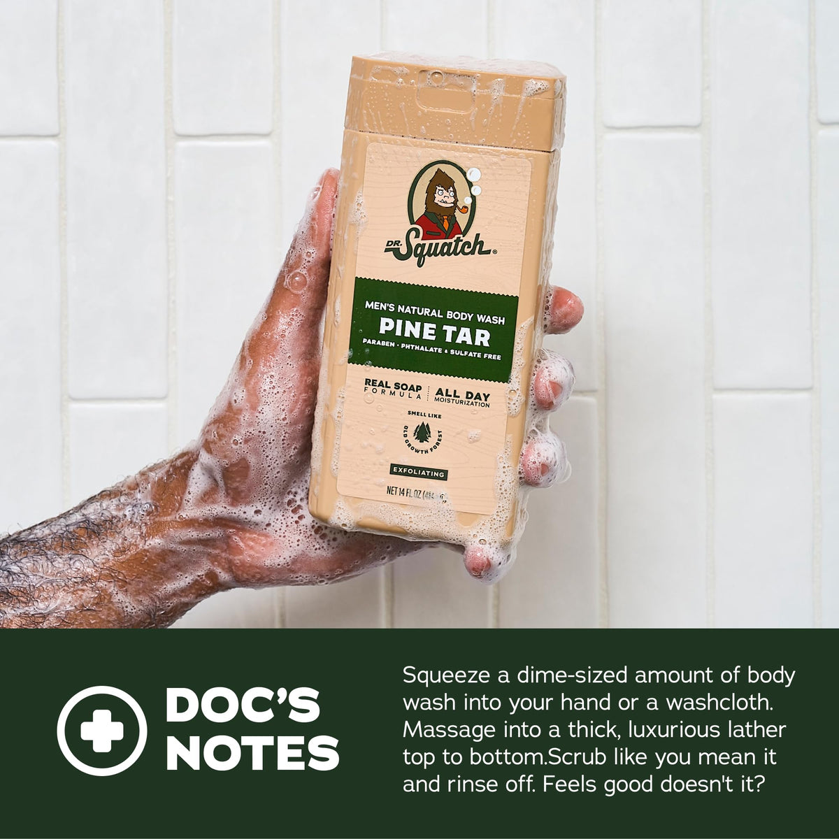 Dr. Squatch bottle on shower shelf showing organized bathroom storage benefit