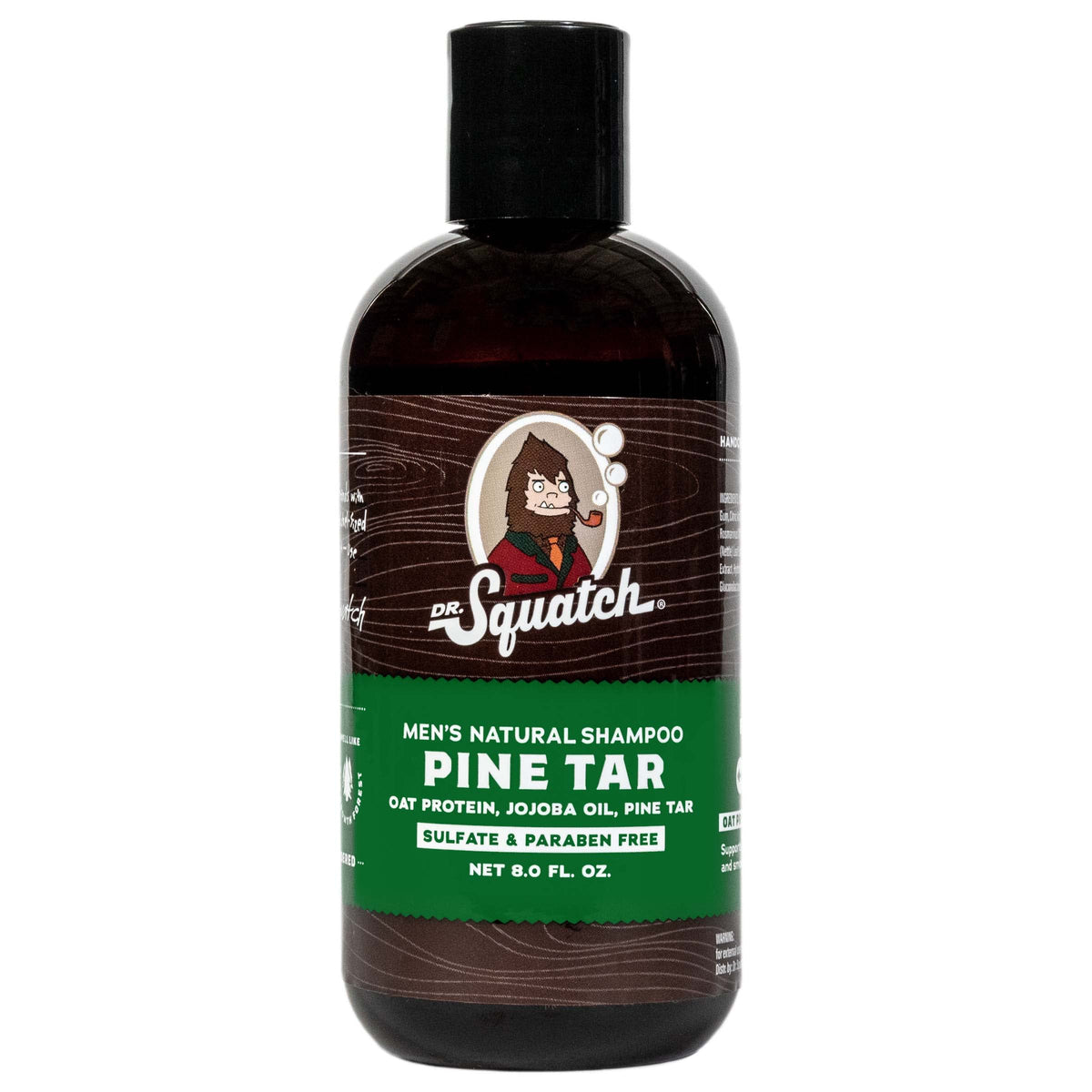 dr. squatch front bottle showing pine tar shampoo packaging and bold scent
