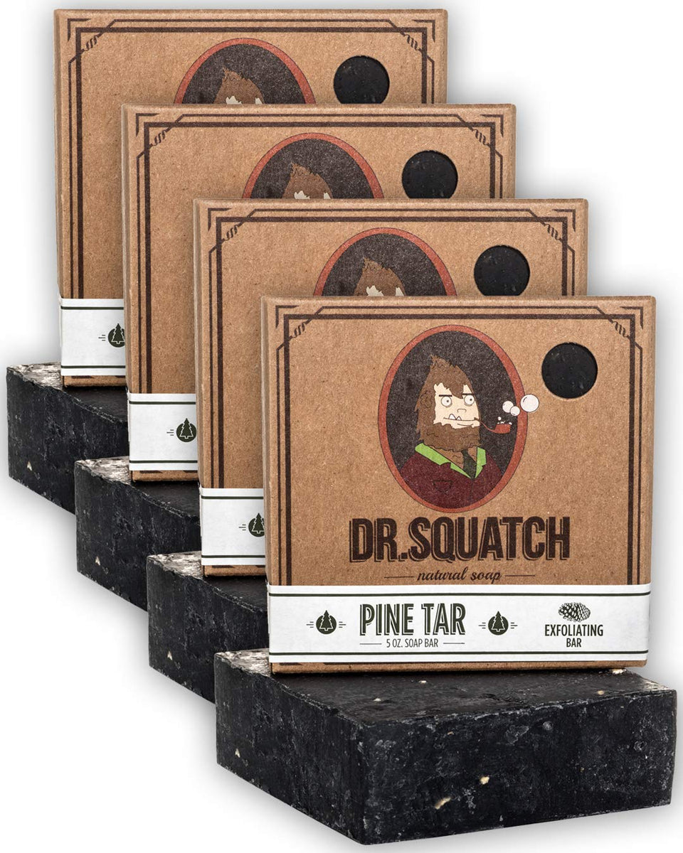 Dr. Squatch front packaging displaying four pine tar bars and rustic scent benefits