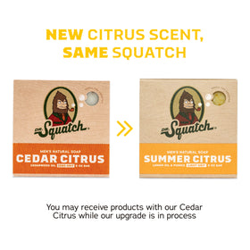 Dr. Squatch Pine Tar size comparison showing 5 oz bar travel-friendly benefit