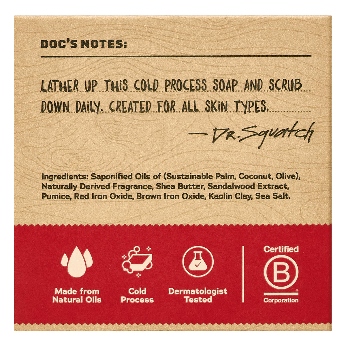 Dr. Squatch sandalwood bar close-up highlighting texture and natural oils for smoother skin