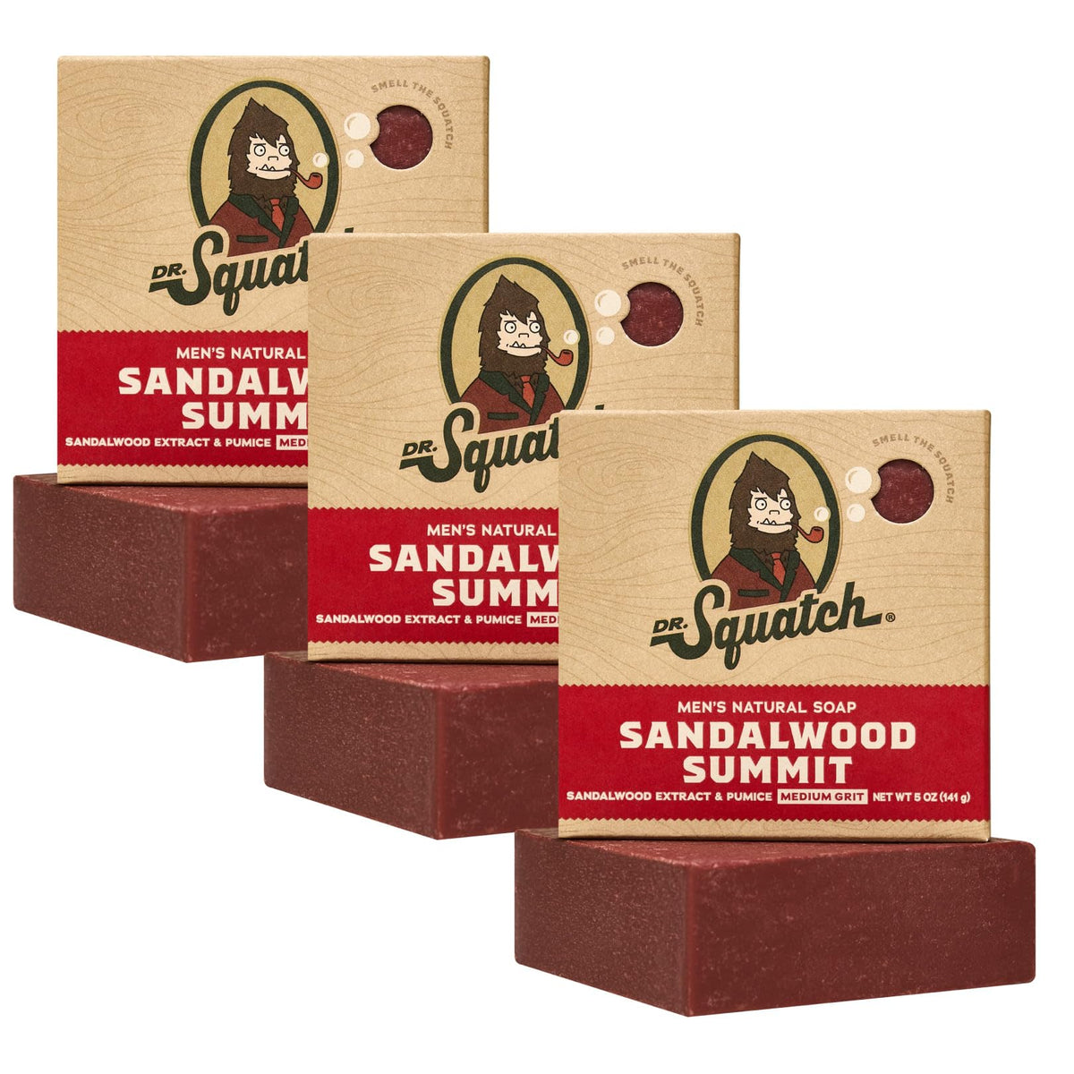 Dr. Squatch sandalwood summit pack front showing three bars and packaging benefit: ready-to-gift