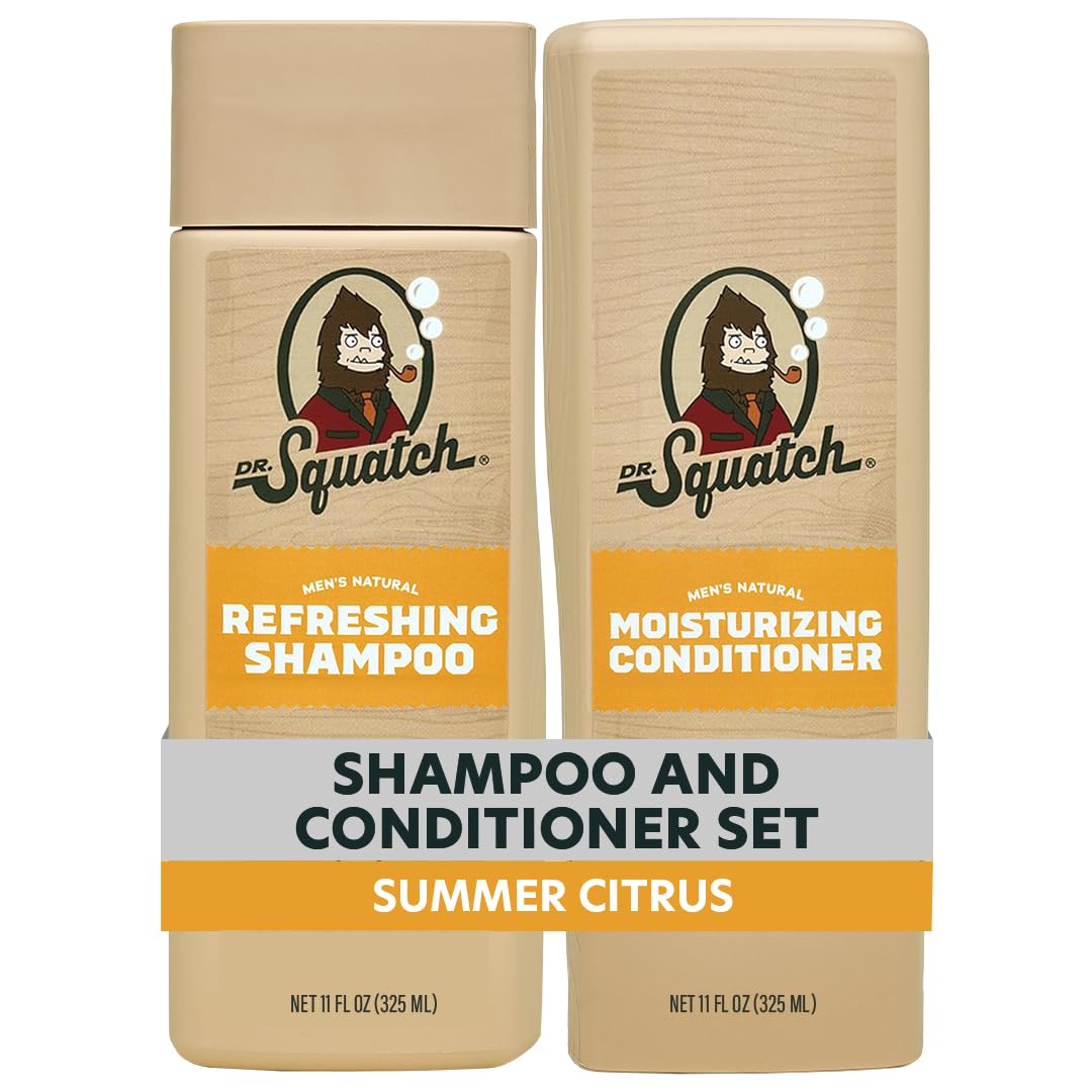 Dr. Squatch front packaging showing full shampoo and conditioner set benefits