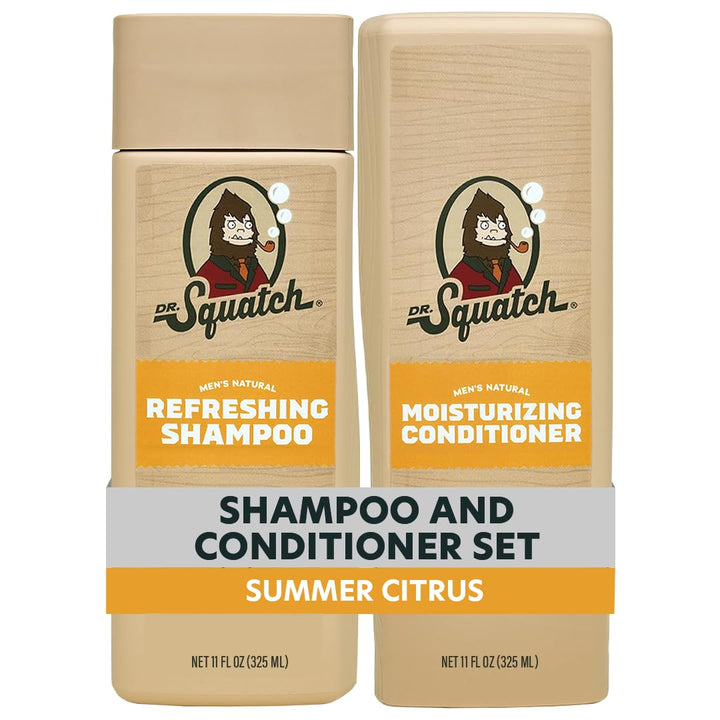 Dr. Squatch front packaging showing full shampoo and conditioner set benefits