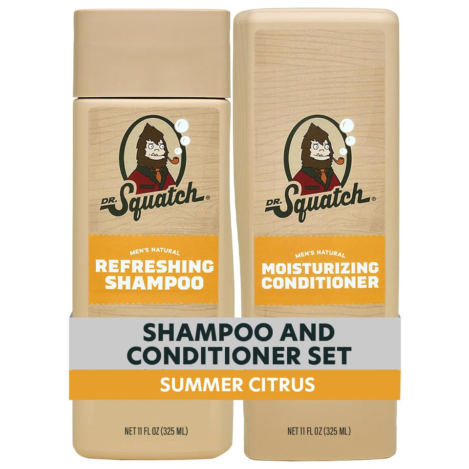 Dr. Squatch front packaging showing full shampoo and conditioner set benefits