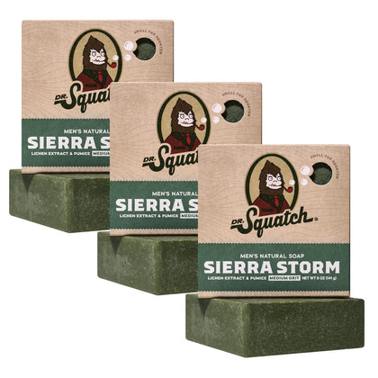 Dr. Squatch Sierra Storm front packaging showing three soap bars and bold branding