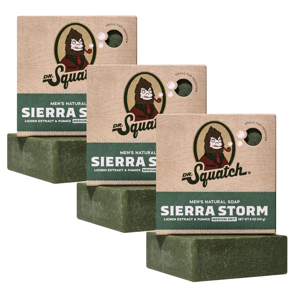 Dr. Squatch Sierra Storm front packaging showing three soap bars and bold branding