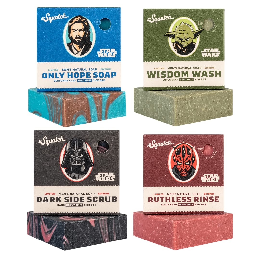 Dr. Squatch packaging front view showing four-bar collection and collectible appeal