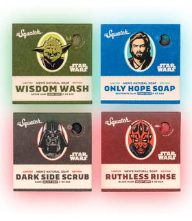 Dr. Squatch soaps arranged flatlay displaying scent variety and usable set