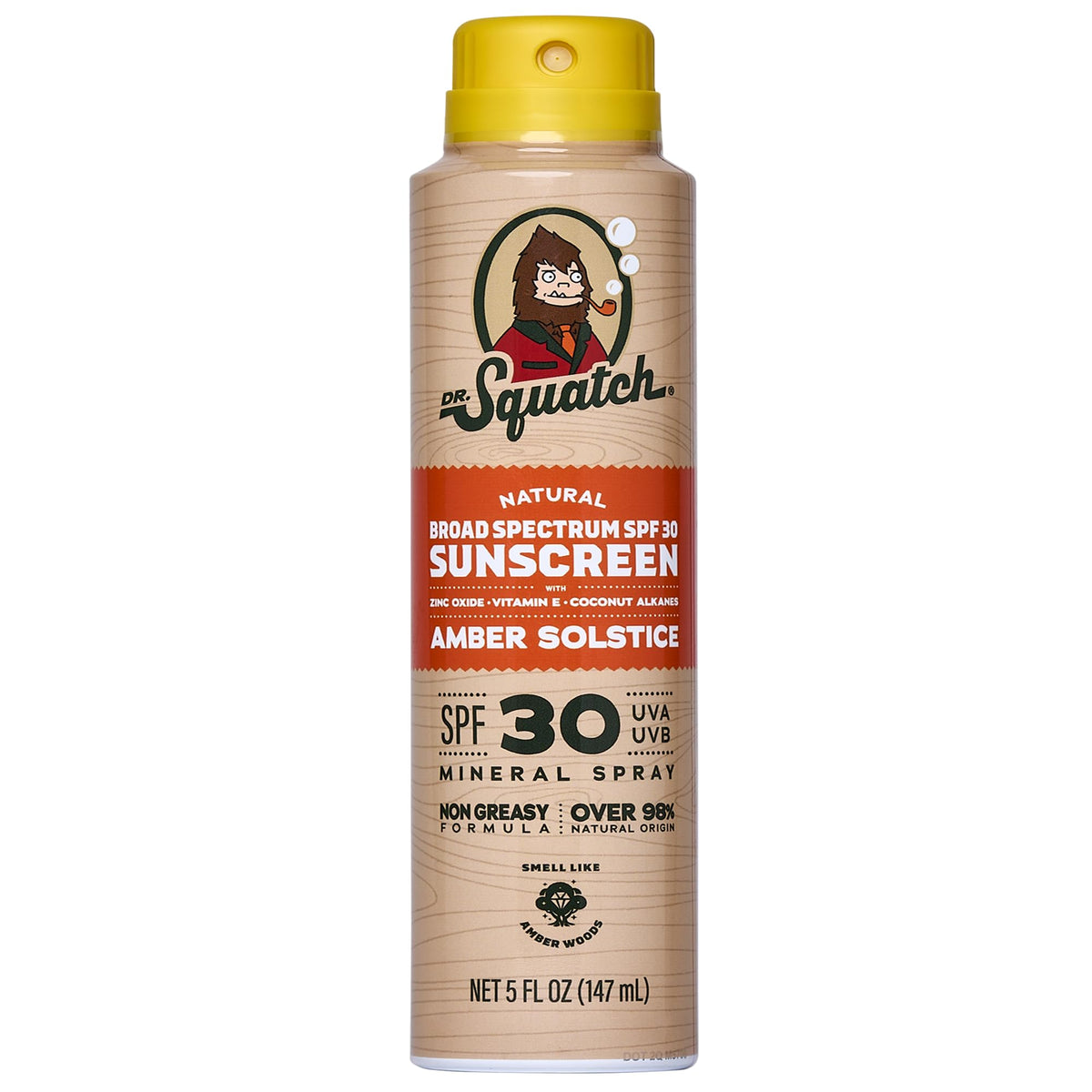 Dr. Squatch sunscreen spray front bottle shows SPF 30 protection and portability