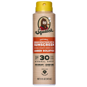 Dr. Squatch sunscreen spray front bottle shows SPF 30 protection and portability