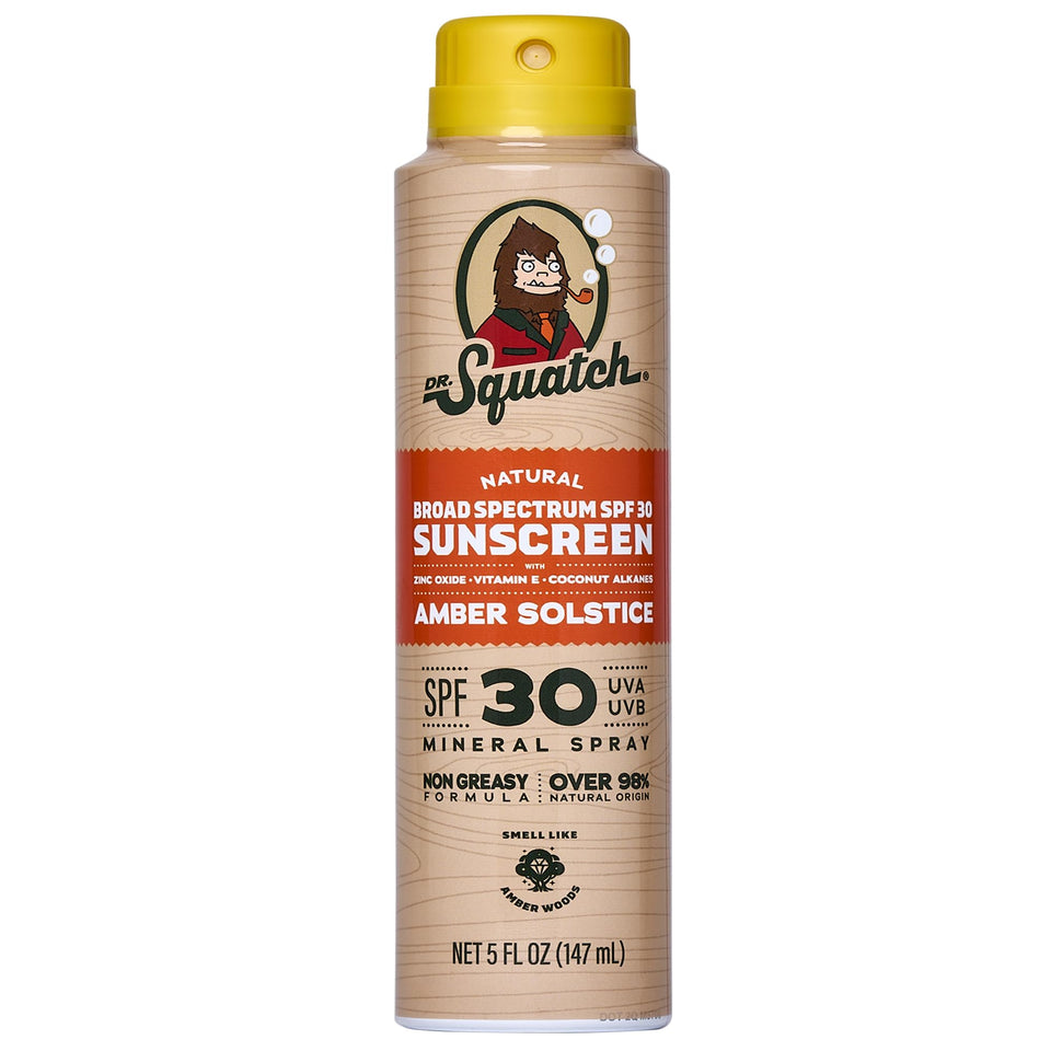 Dr. Squatch sunscreen spray front bottle shows SPF 30 protection and portability
