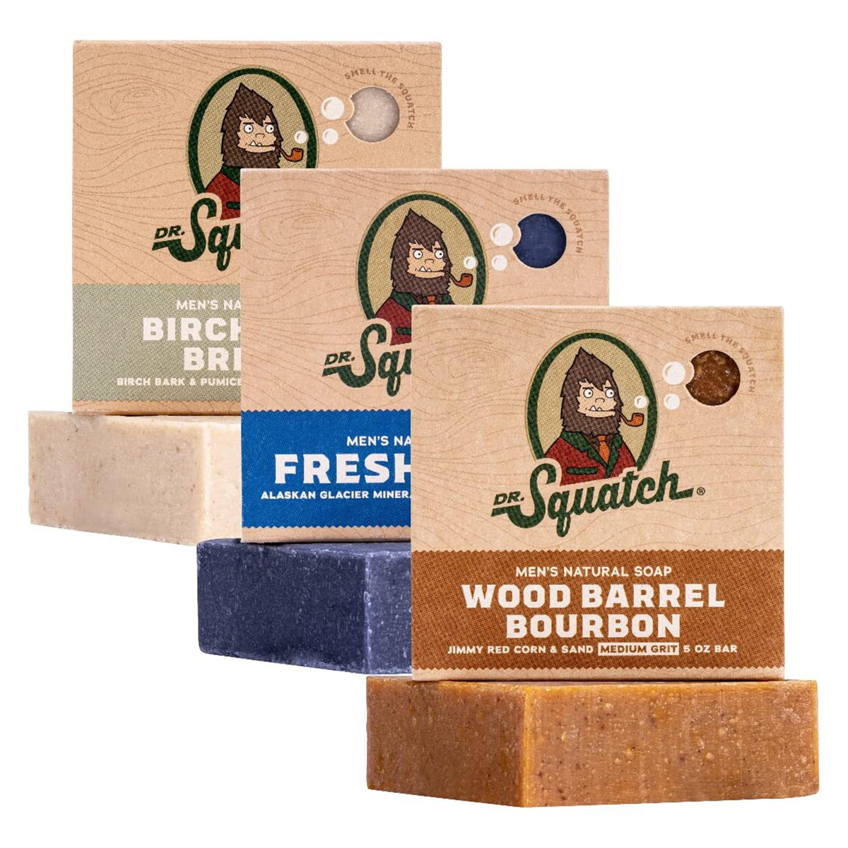 Dr. Squatch three-pack front packaging showing all three bars benefits scent variety
