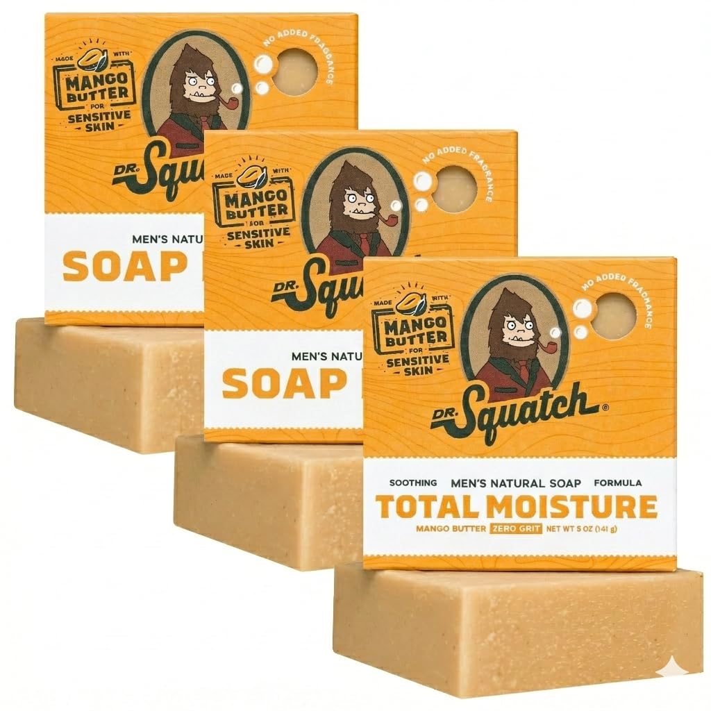 Dr. Squatch bar front packaging showing three bars and product name, highlights convenience