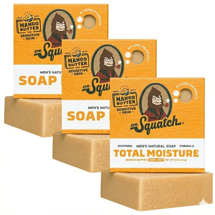Dr. Squatch bar front packaging showing three bars and product name, highlights convenience