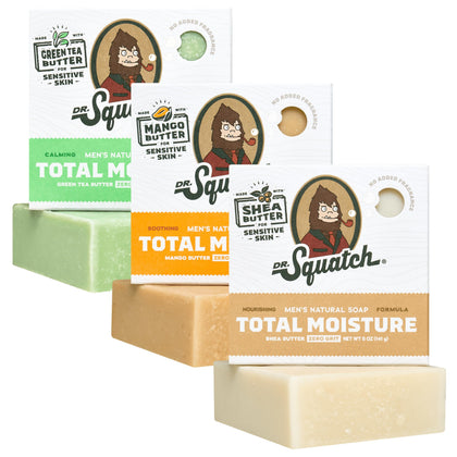 Dr. Squatch front packaging showing Total Moisture 3-pack and product benefits