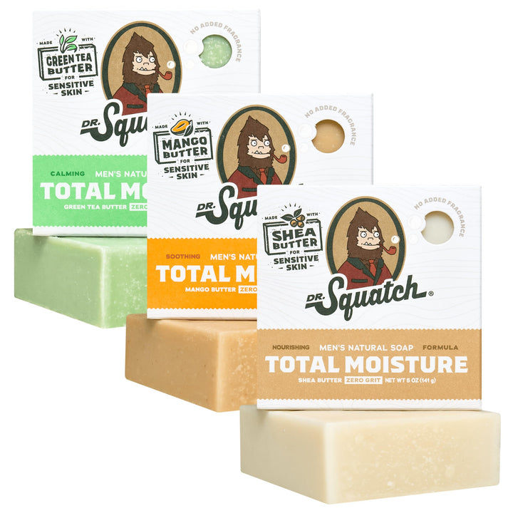 Dr. Squatch front packaging showing Total Moisture 3-pack and product benefits