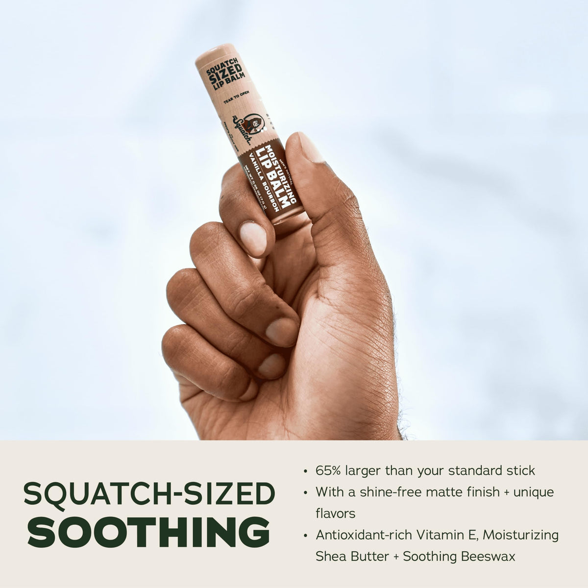 Dr. Squatch Vanilla Bourbon tube label highlighting natural ingredients benefit