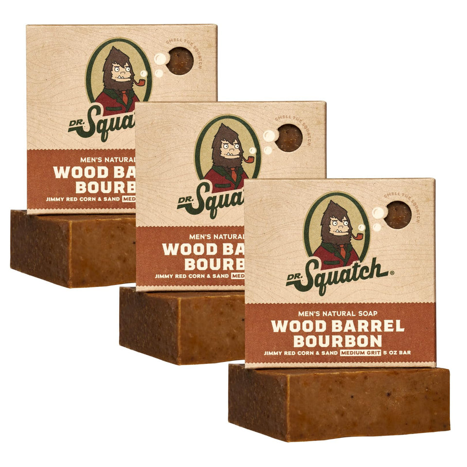 Dr. Squatch front packaging showing three Wood Barrel Bourbon bars up close and clear