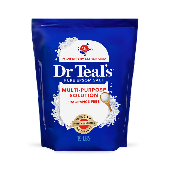 Dr Teal's 19 lb bag front view showing packaging and size benefit