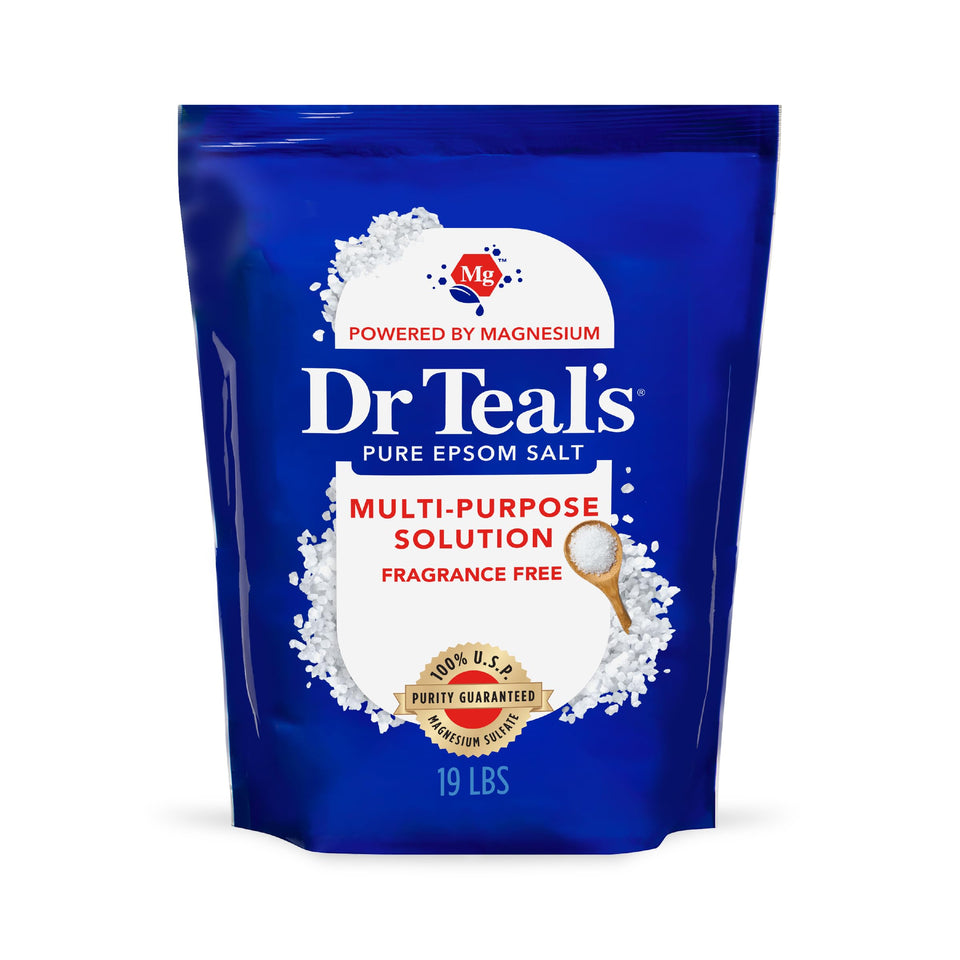 Dr Teal's 19 lb bag front view showing packaging and size benefit