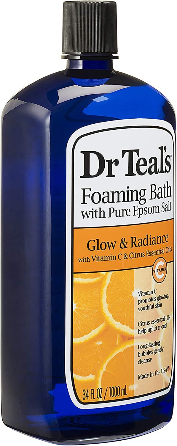 Dr Teal's foaming bath in tub with bubbles showing relaxing spa experience