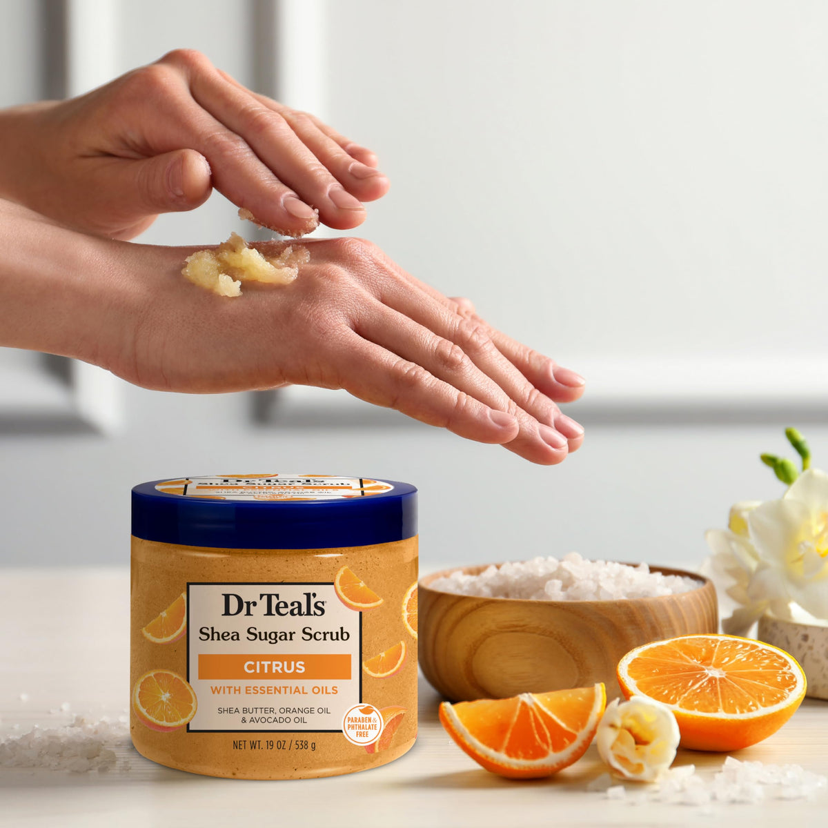 Dr Teal's scrub on bathroom counter styled for an energizing morning routine
