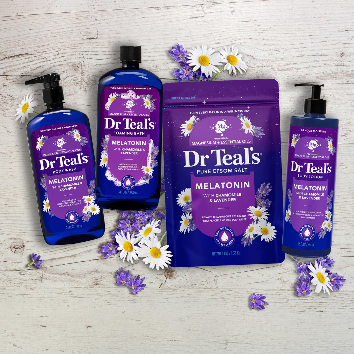 Dr Teal's nighttime bathroom setup showing calming bedtime ritual