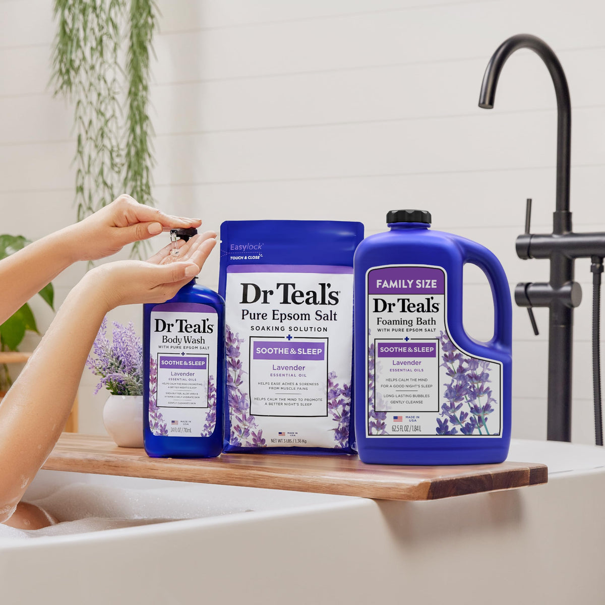 Dr Teal's bottle staged in a bathroom to evoke an evening unwind scene