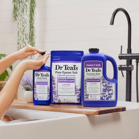 Dr Teal's bottle staged in a bathroom to evoke an evening unwind scene