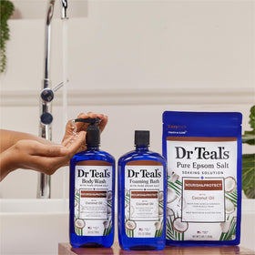 Dr Teal's body wash staged in a bathroom to show relaxing at-home spa benefit