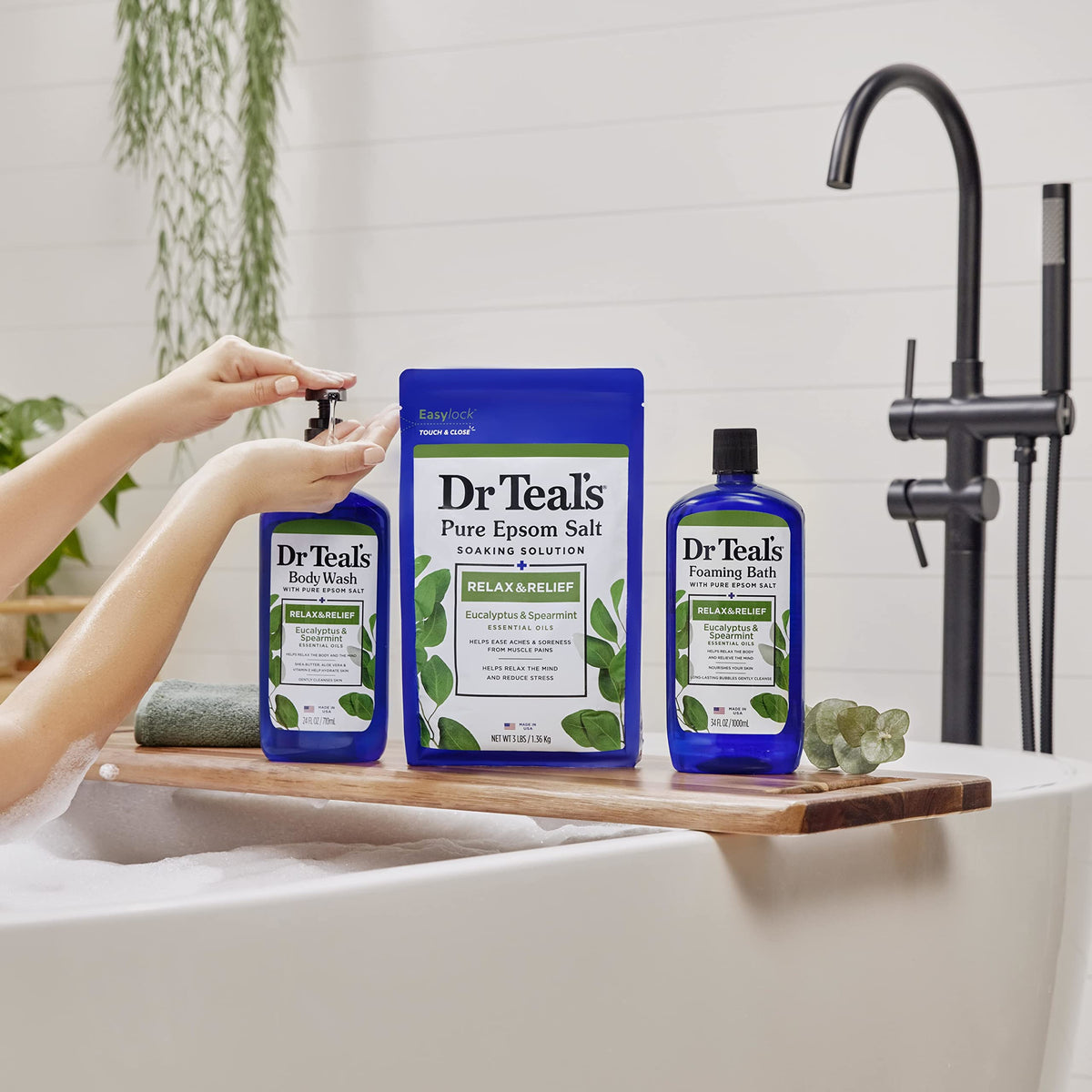 Dr Teal's bottle on a bathroom shelf staged for a refreshing shower routine