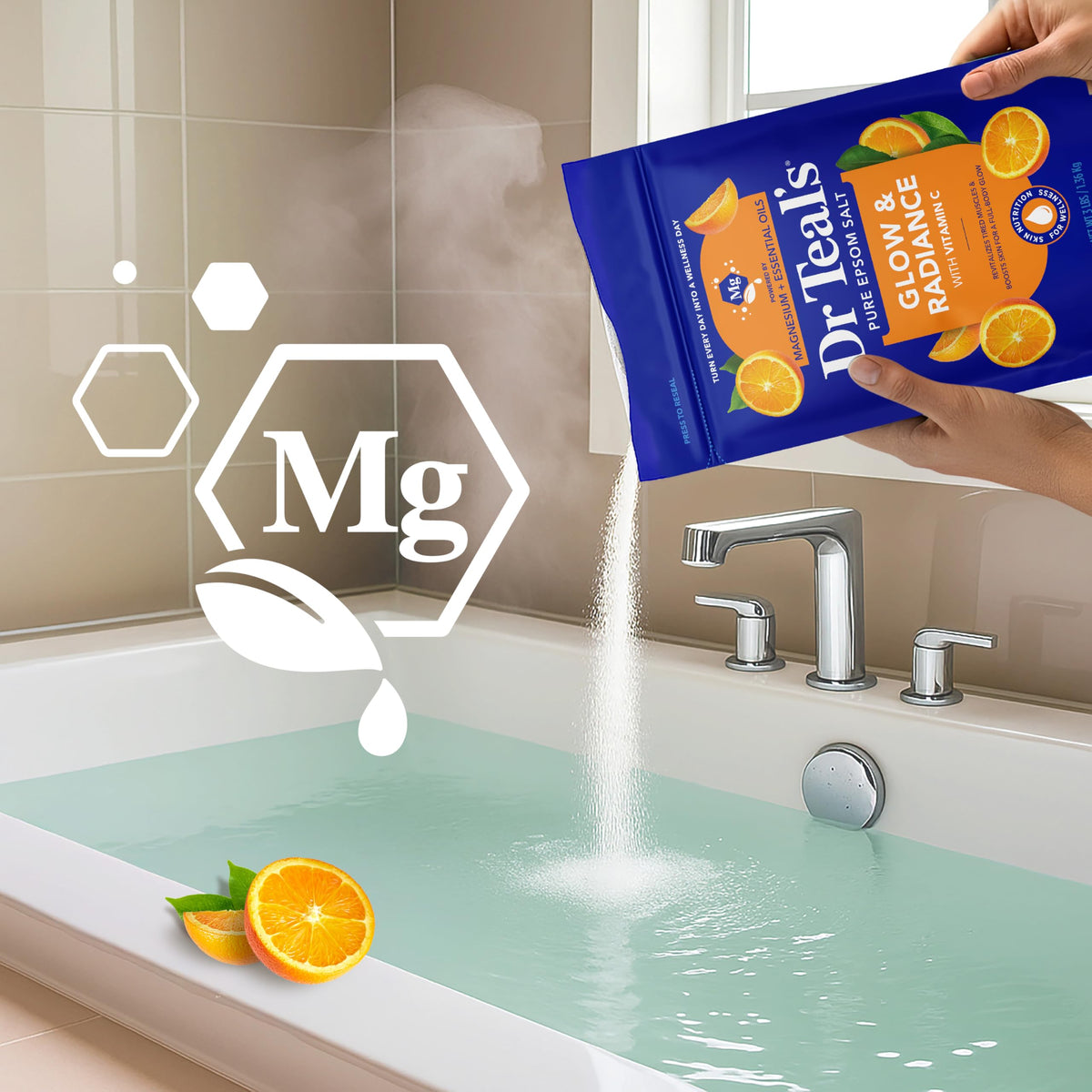 Dr Teal's bathroom lifestyle with person enjoying a calming soak