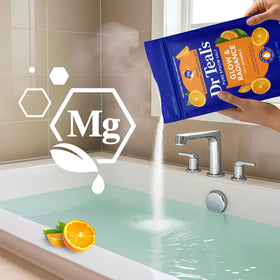 Dr Teal's bathroom lifestyle with person enjoying a calming soak