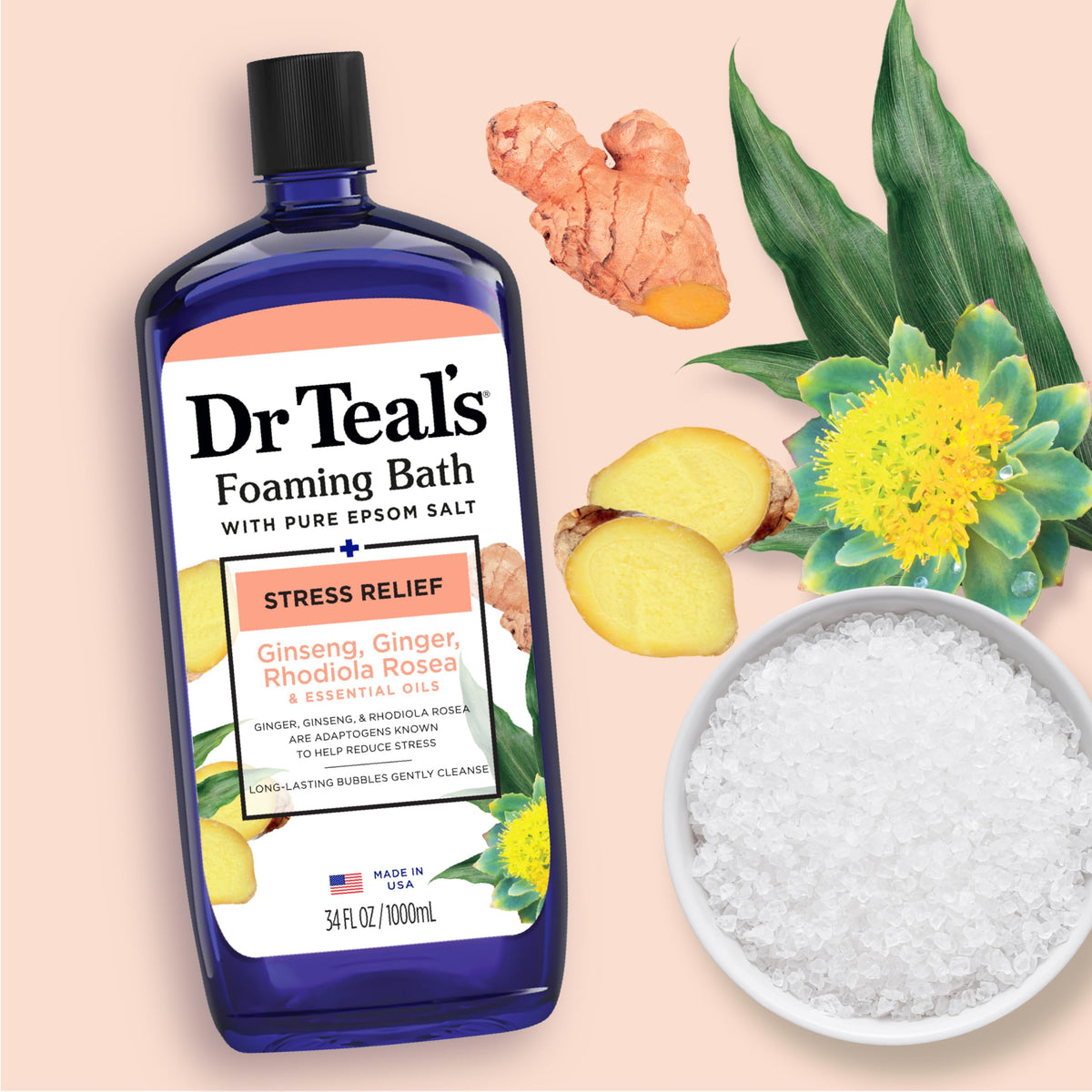 Bath scene with Dr Teal's bottle placed beside tub illustrating unwind ritual