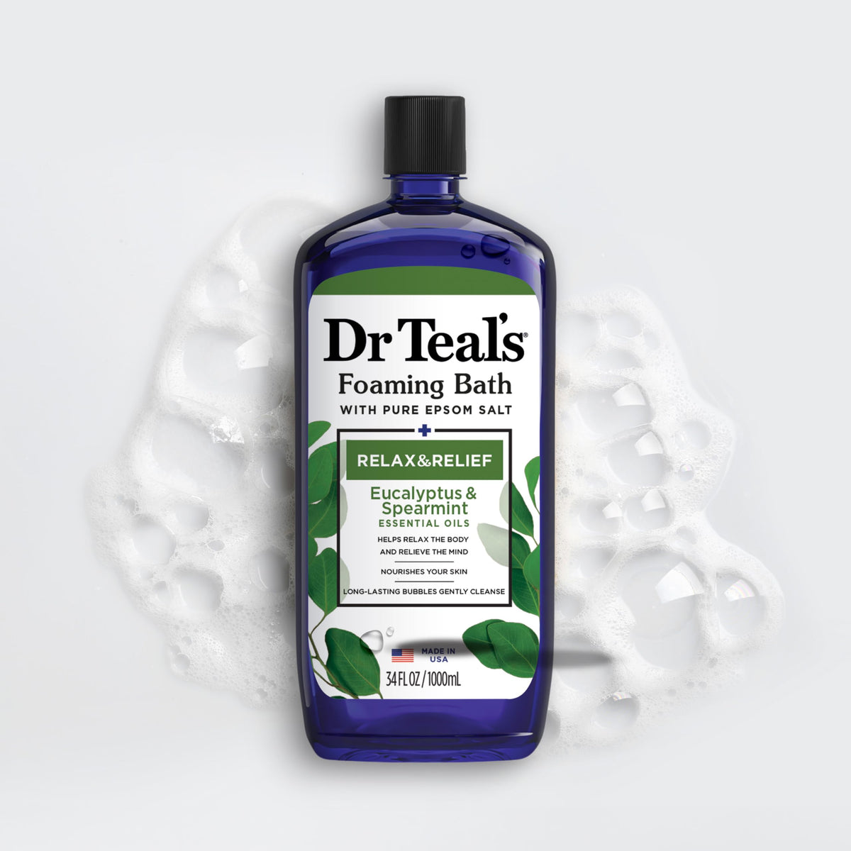 Dr Teal's on bathroom shelf displaying everyday self-care benefit