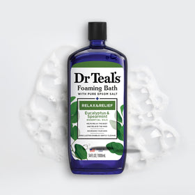 Dr Teal's on bathroom shelf displaying everyday self-care benefit