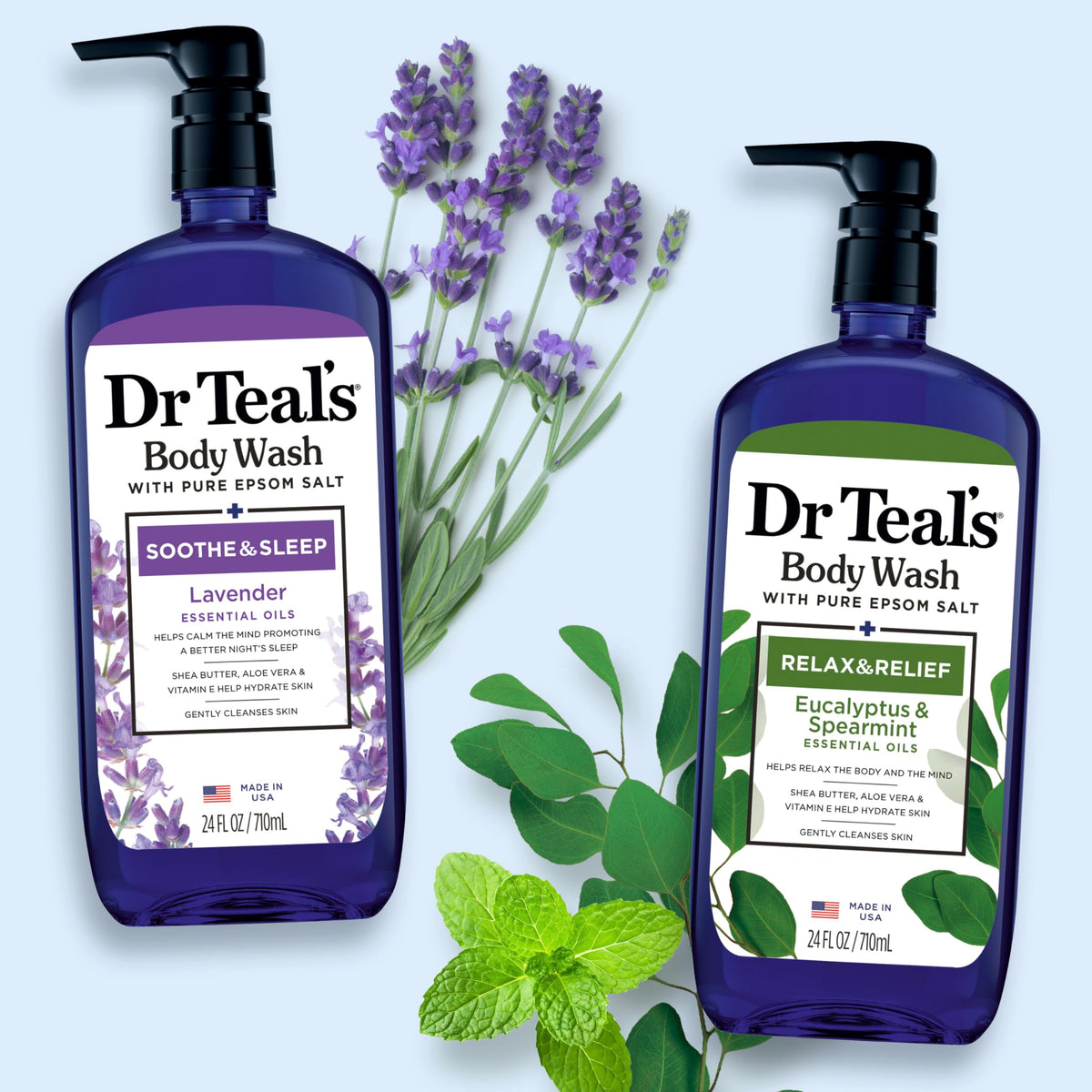Dr Teal's duo on bathroom shelf suggesting at-home spa relaxation