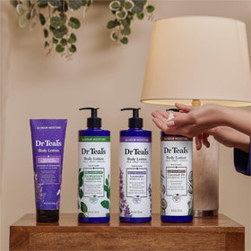Dr Teal's lotion on bedside table depicting nighttime routine relaxation benefit