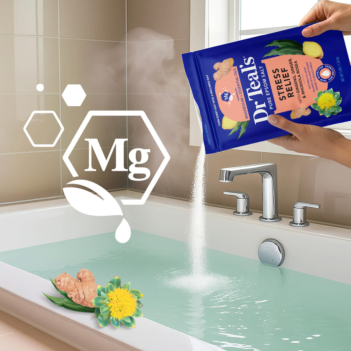 Dr Teal's pairing with body wash to show exfoliation and softness