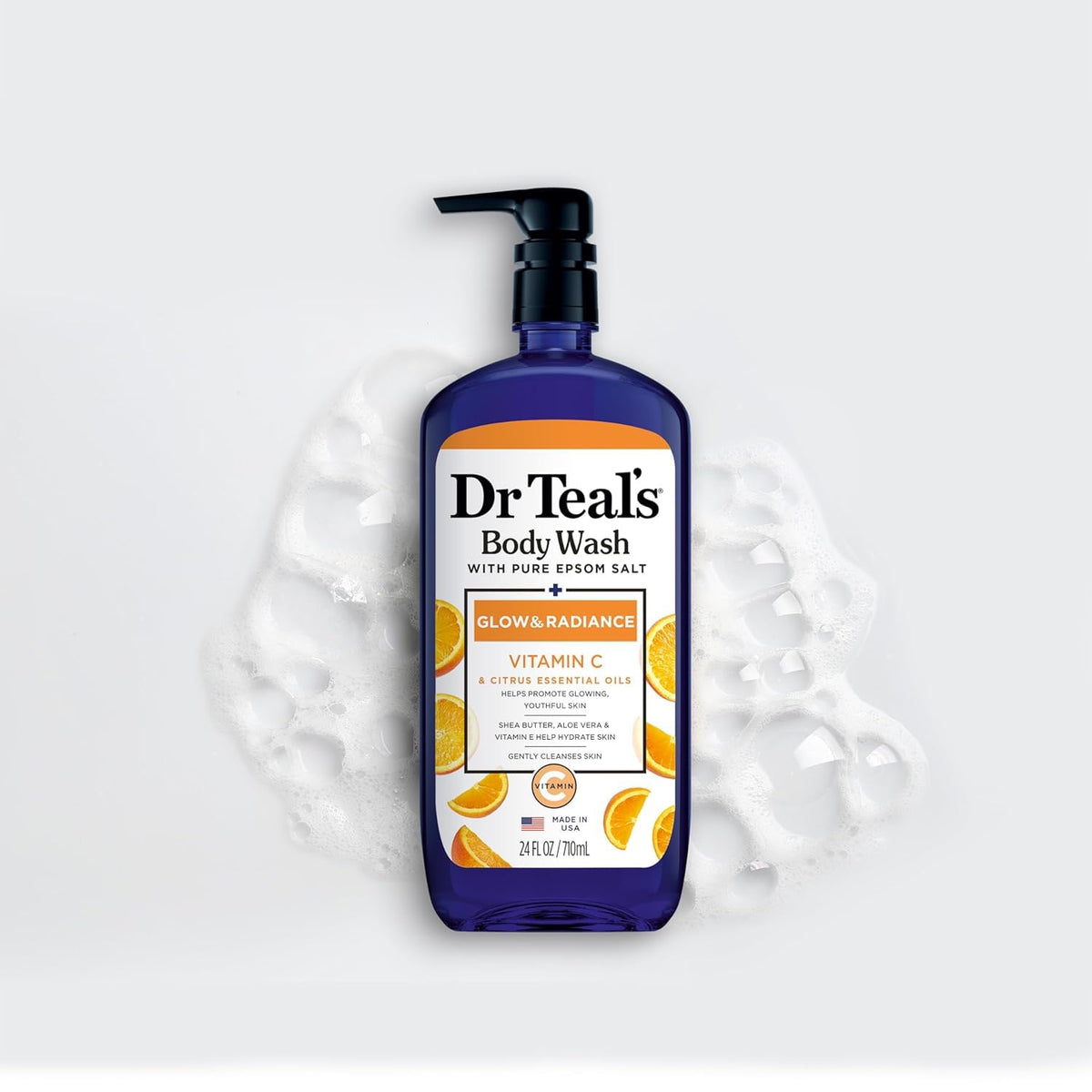Dr Teal's bottle staged in bathroom for lifestyle freshness and uplift benefit