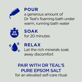 Dr Teal's bottle close-up focusing on hemp seed oil callout and calming benefits