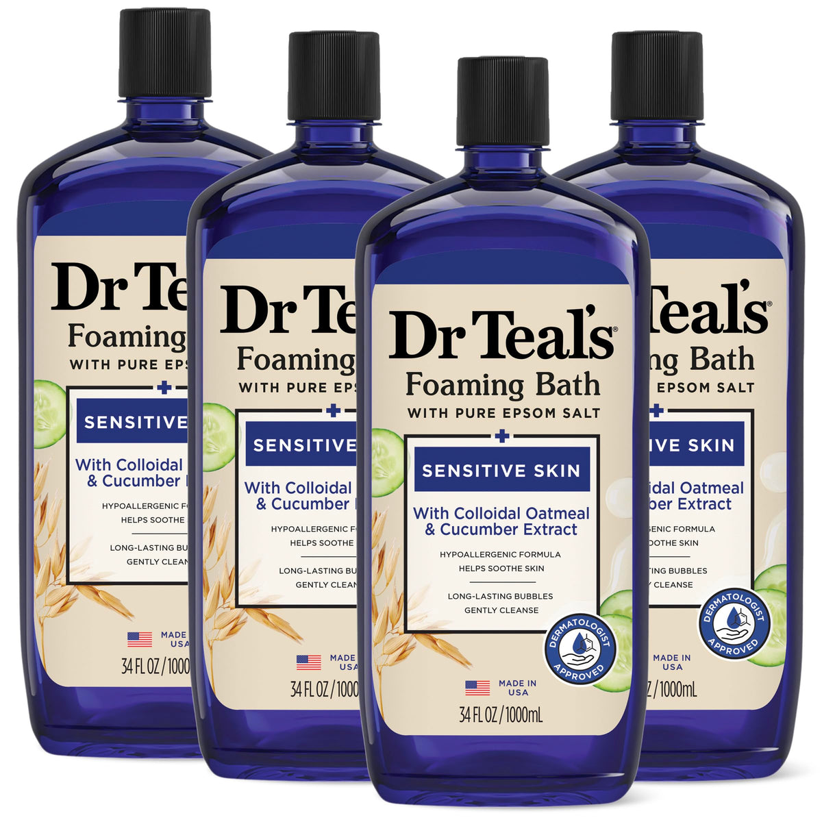 Dr Teal's bottle front label showing soothing sensitive skin benefits