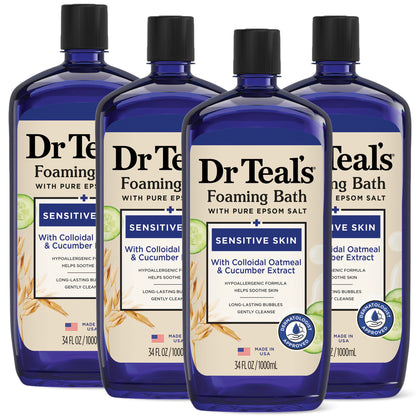 Dr Teal's bottle front label showing soothing sensitive skin benefits