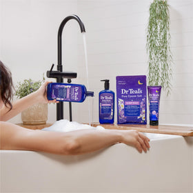 Dr Teal's bottle on shower shelf creating a relaxed evening vibe