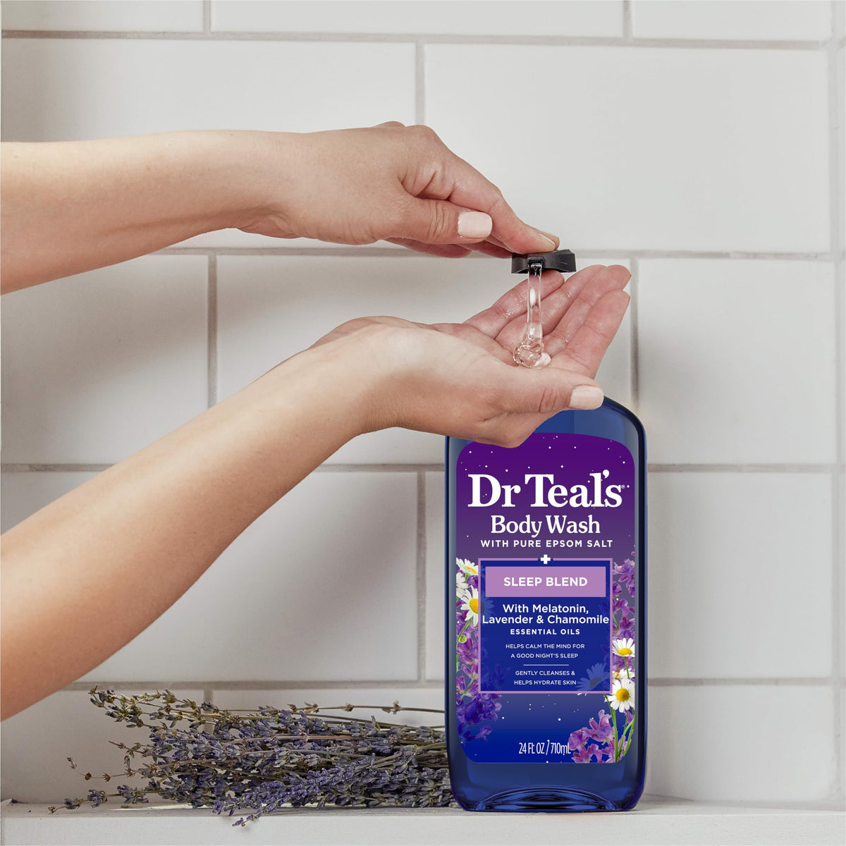Dr Teal's bottle beside Epsom salt jar for exfoliating option