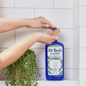 Dr Teal's bottle beside a jar of pure Epsom salt for exfoliant pairing