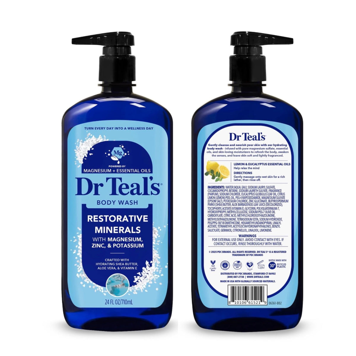 Dr Teal's bottles next to lemon and eucalyptus to show natural essential oils