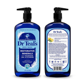 Dr Teal's bottles next to lemon and eucalyptus to show natural essential oils
