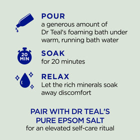 Dr Teal's bottle pouring foaming bath into bathtub for calming soak